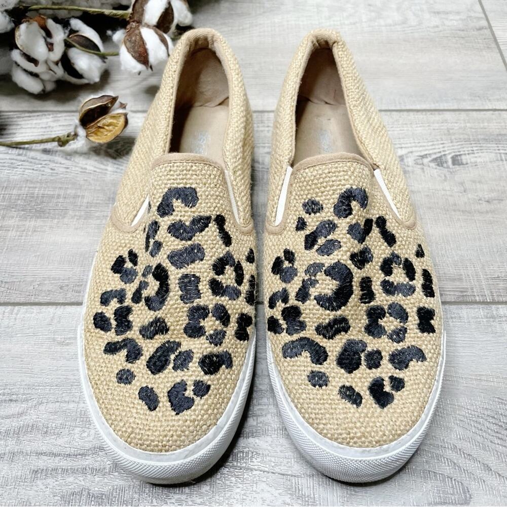 ASOS Embroidered Leopard Burlap Slip On Platform Sneakers Tan Black Size 9